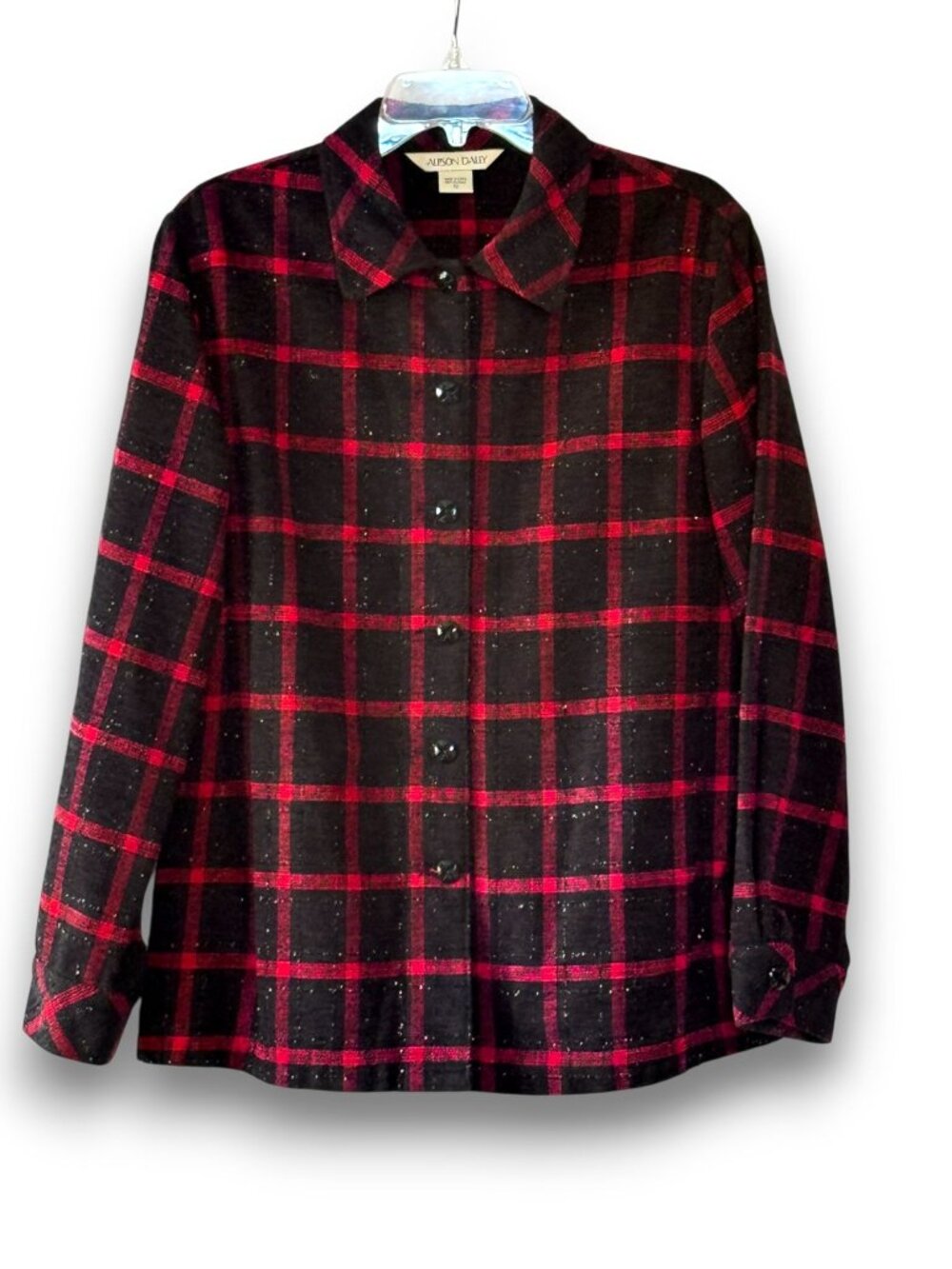 Allison Daley Vintage Red Black Plaid Shacket Glitter Stitch Jacket Size 12